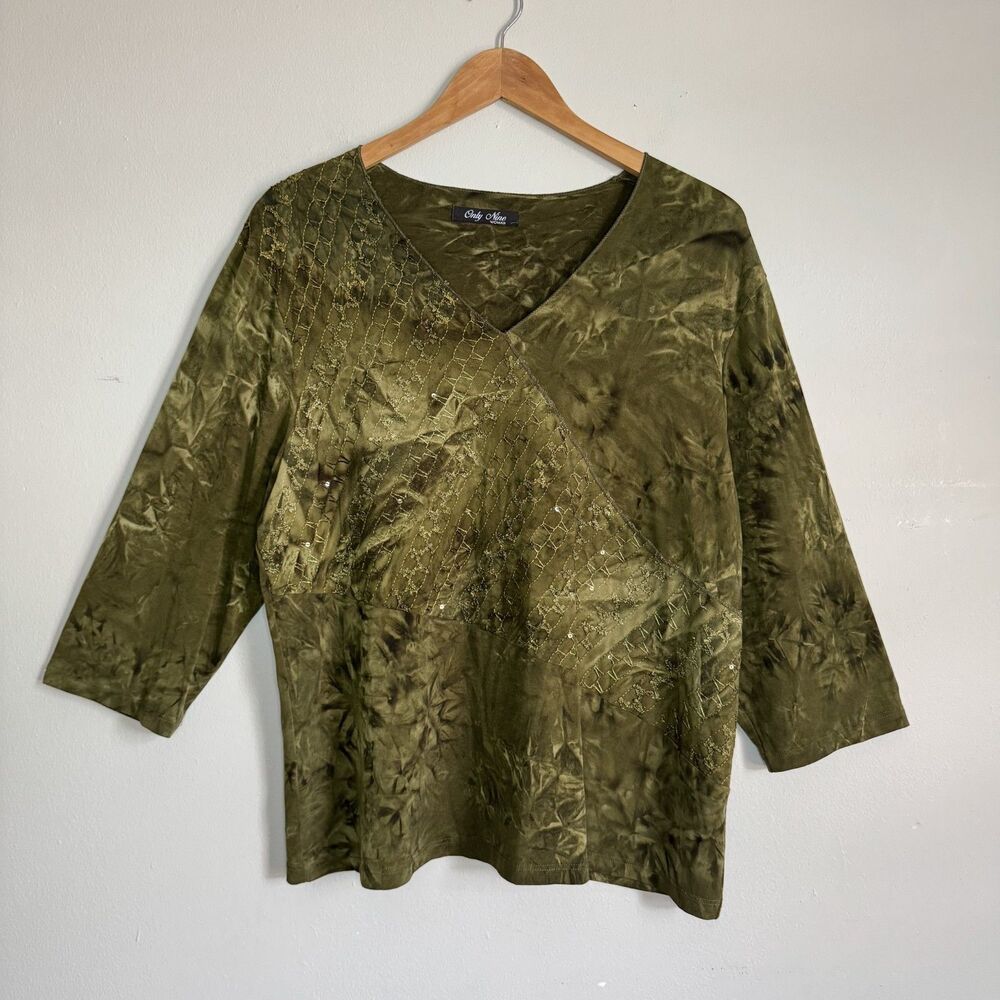 Only Nine Blouse Top Green Tie Dye Sequin Y2K Fairycore Artsy Womens 2X Forest